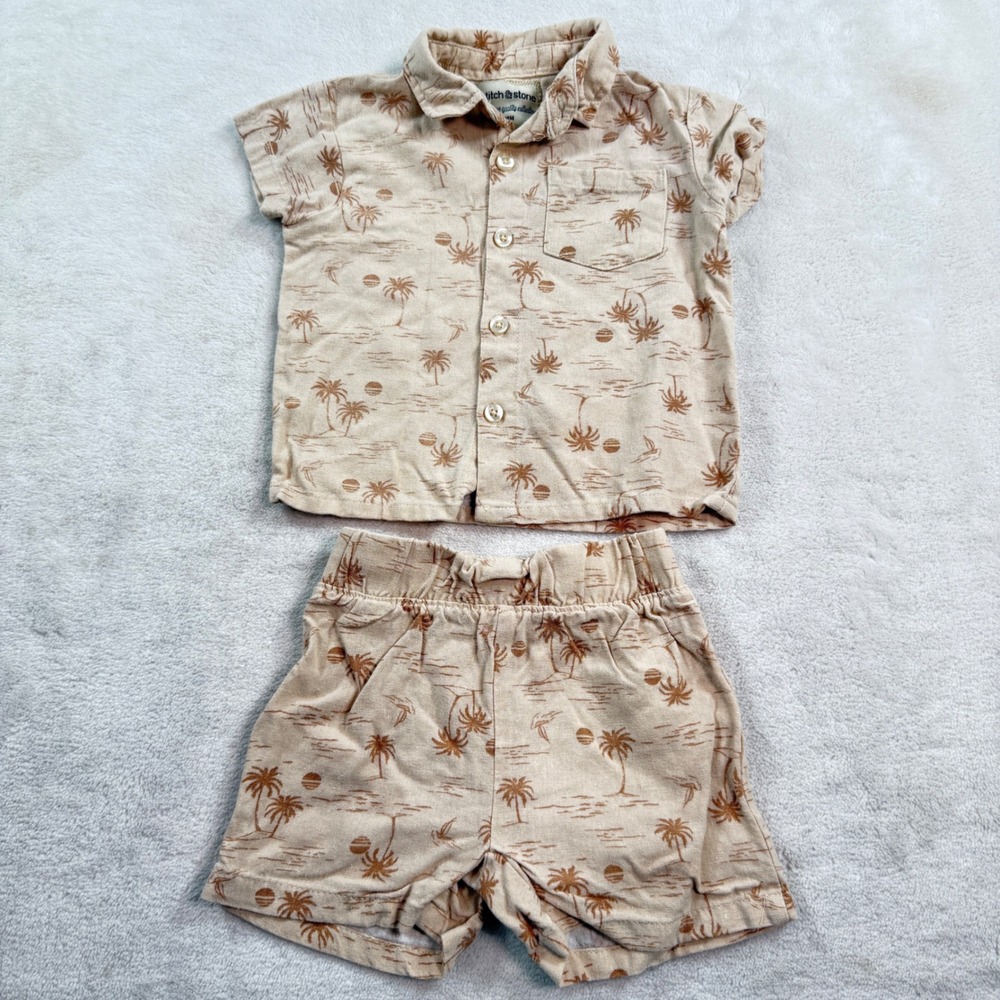 Stitch & Stone Baby Boy 18M Tropical Palm Tree Shirt and Shorts Set Tan Brown